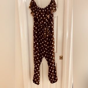 Strapless brown & white polka dot jumpsuit